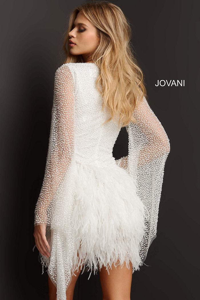 Back view of Jovani 07236 white dress with sheer embellished sleeves.