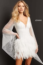 Front view of Jovani 07236 white dress with V-neckline and feather embellishments.