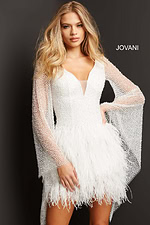 Close-up of Jovani 07236 white dress with detailed beadwork and feathered skirt.
