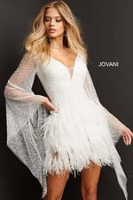 Model wearing Jovani 07236 white dress featuring beadwork and feather details, front view.