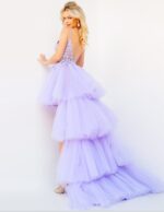 Back view of model wearing Jovani 07263 lilac high-low dress