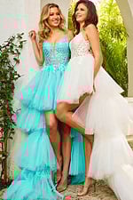 Models wearing Jovani 07263 high-low lace applique dresses in white and aqua.
