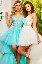 Models in Jovani 07263 high-low tulle dresses with exquisite lace applique, aqua and white.