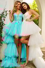 Models in Jovani 07263 stunning high-low dresses with intricate lace detailing.