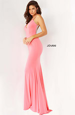 Model wearing Jovani 07297 in hot pink, back view showing low back with embellishments.