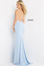 Model showcasing the back of Jovani 07297 light blue dress with embellished open V back.