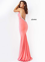 Model showcasing the back of Jovani 07297 pink dress with embellished open V back.