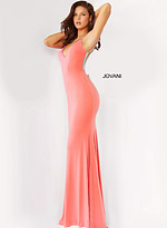 Model wearing Jovani 07297 pink dress with V-neckline and fitted silhouette.