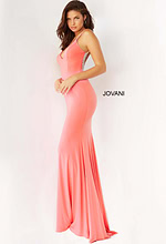 Model wearing Jovani 07297 pink dress from the side, showing fitted silhouette.