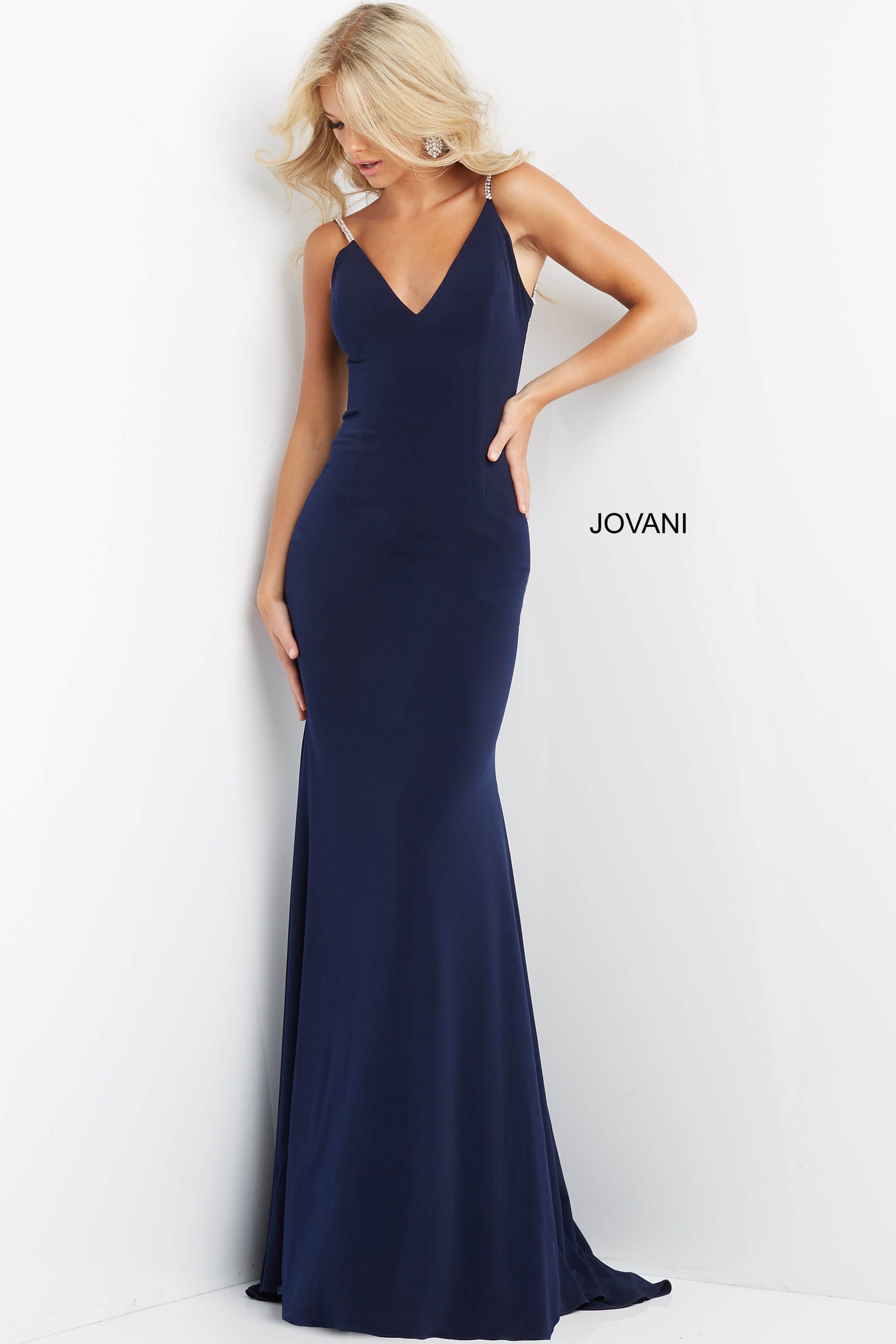 Model wearing Jovani 07297 Hot Pink Backless V Neck Dress