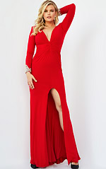Model wearing Jovani 07320 red dress with V-neckline and long sleeves from the front.