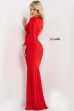 back view of model wearing Jovani 07320 red dress with beadwork cuffs