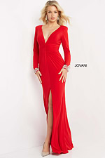 Model wearing Jovani 07320 red gown with V-neckline and embellished sleeves from the front.