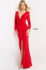 Jovani 07320 Red Plunging Neck Long Sleeve Dress | Jovani