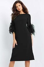 Model wearing Jovani 07341 black midi dress with feather-trimmed sleeves, front view.