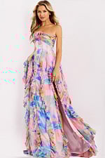 Strapless watercolor print gown with ruffle layers 46381