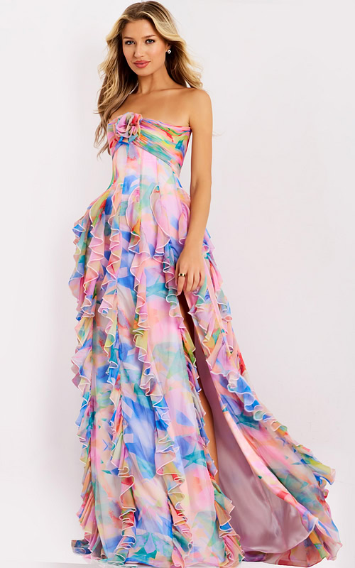 Strapless watercolor print gown with ruffle layers 46381