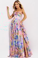 Pastel watercolor evening gown with floral bodice accent 46381