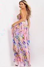 Flowing strapless gown with abstract rainbow print 46381