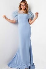 Model wearing Jovani 07432 light blue evening gown with feathered sleeves, front view.