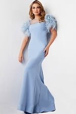 Model wearing Jovani 07432 light blue evening gown with feathered sleeves, angled front view.
