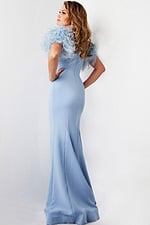 Model wearing Jovani 07432 light blue evening gown with feathered sleeves, back view.