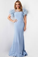 Model wearing Jovani 07432 light blue evening gown with feathered sleeves, full front view.