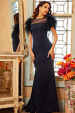 Model wearing Jovani 07432 navy evening gown with feathered sleeves, front view.