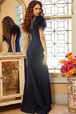 Back view of Jovani 07432 navy dress highlighting the mermaid silhouette.