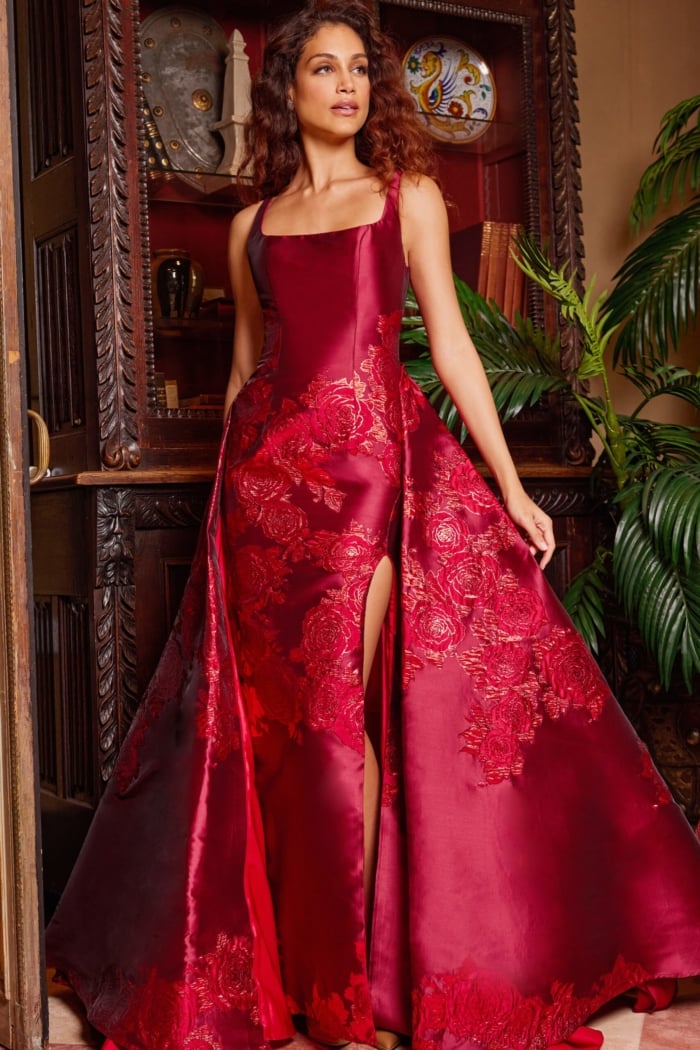 Elegant Jovani 07441 purple gown with a high slit and intricate design, worn by model.