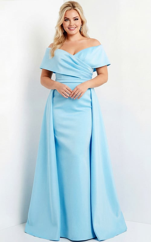 Plus size off the shoulder blue gown with draped bodice and flowing skirt