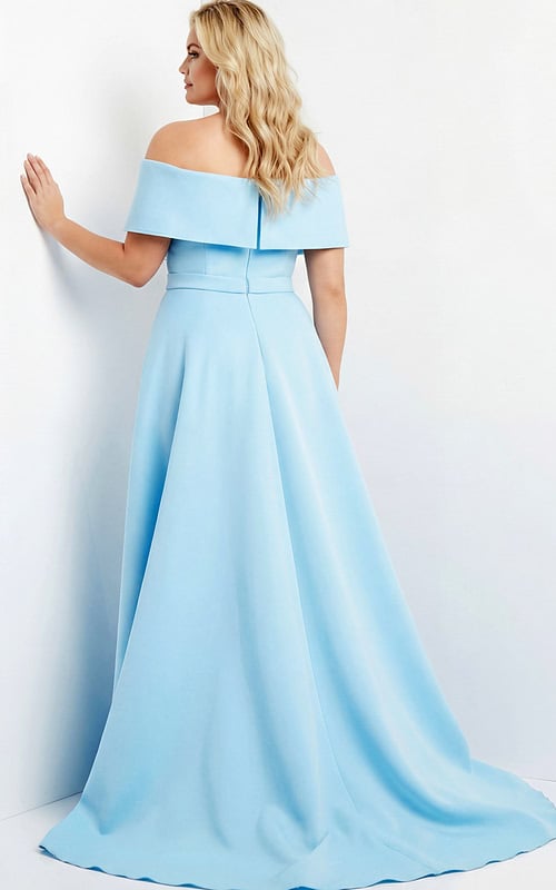 Back view of plus size off the shoulder blue gown with long A line train