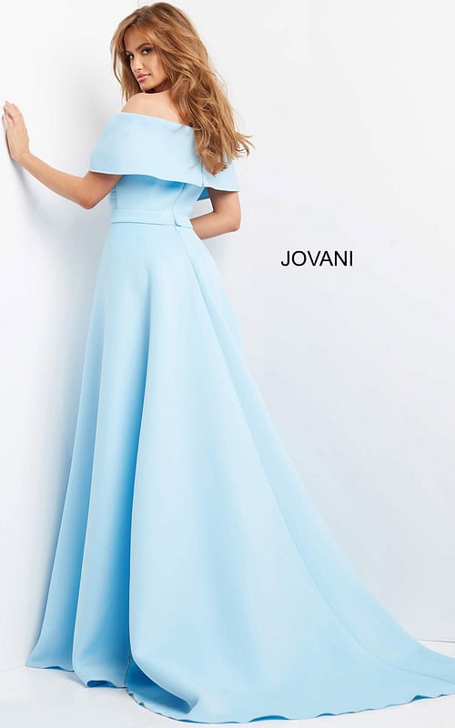 model wearing Jovani 07443 light blue gown back view