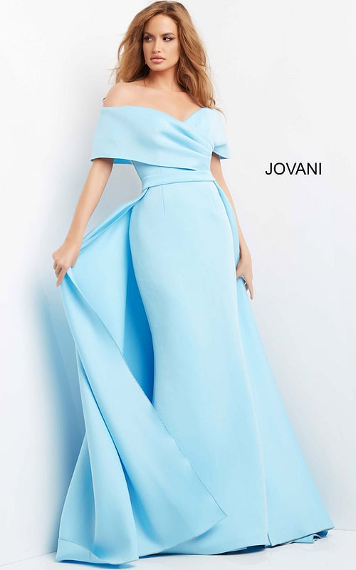 model wearing Jovani 07443 light blue off-the-shoulder gown from the front