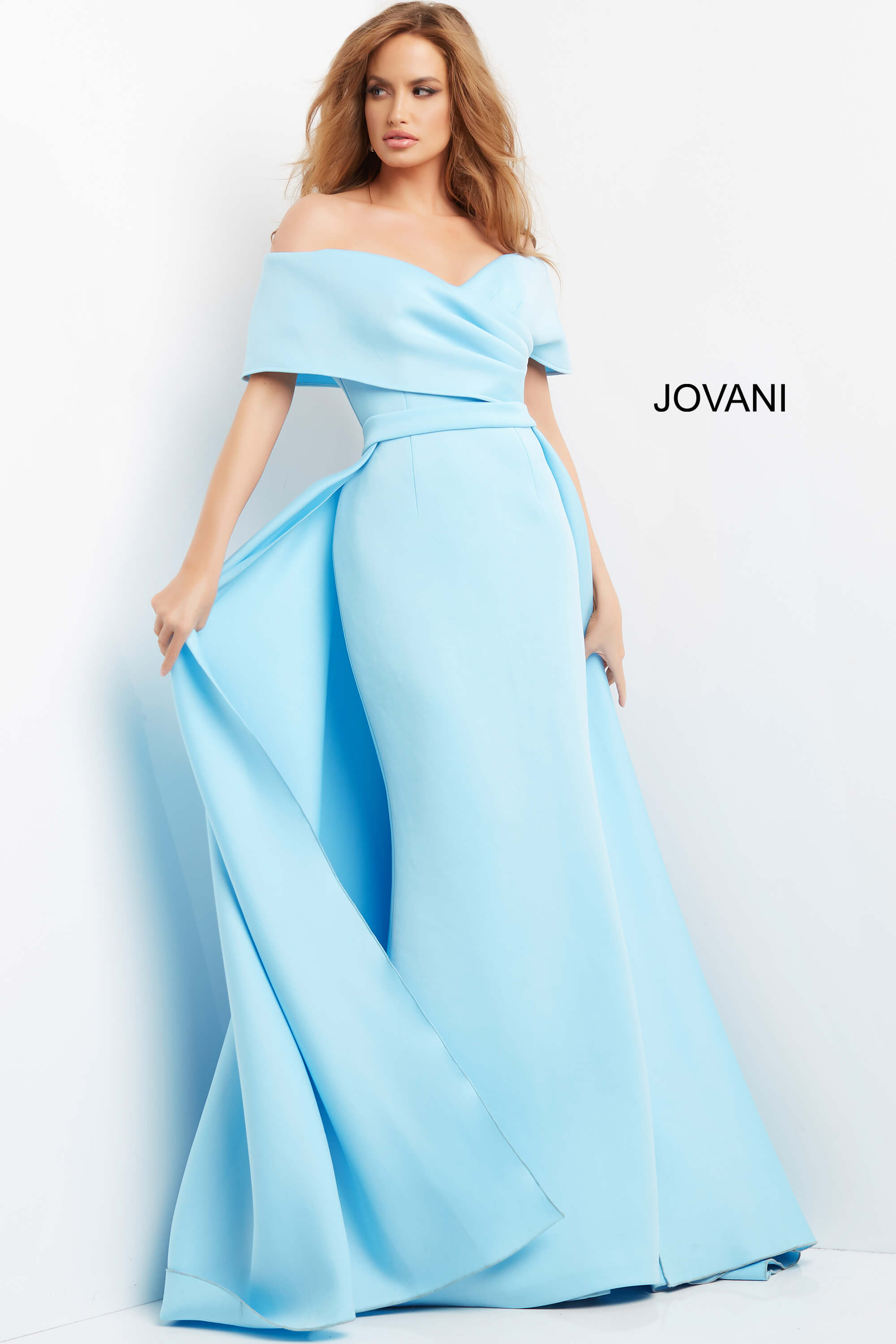 07443-Light20Blue-205.jpg model wearing Jovani 07443 light blue off-the-shoulder gown from the front