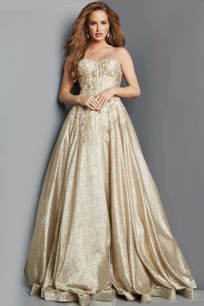 Model wearing Jovani 07497 Gold Strapless A Line Evening Dress