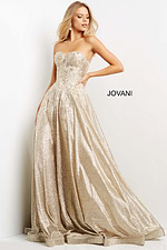Jovani 07497 gold ball gown shown in a graceful pose from the front.