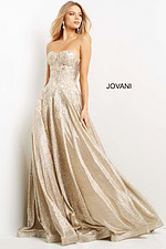 Front view of Jovani 07497 gold gown highlighting the intricate detailing.