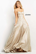 Model in Jovani 07497 gown showing off the shimmering gold fabric in a front view.