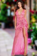 Model showcasing 07503 pink dress with shimmering sequins.