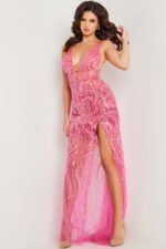 Model wearing 07503 pink dress with plunge neckline and high slit.