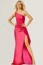 Front view of model in Jovani 07536 vibrant pink dress with asymmetrical neckline.