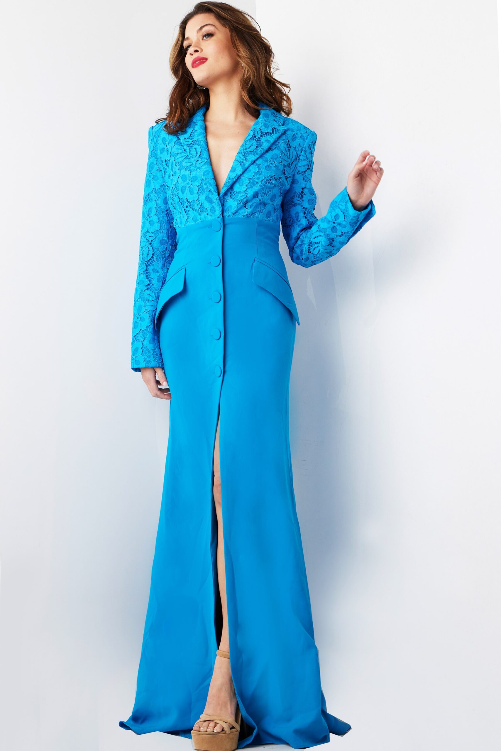 Jovani 07552 Black Long Sleeve Front Slit Evening Gown | Jovani