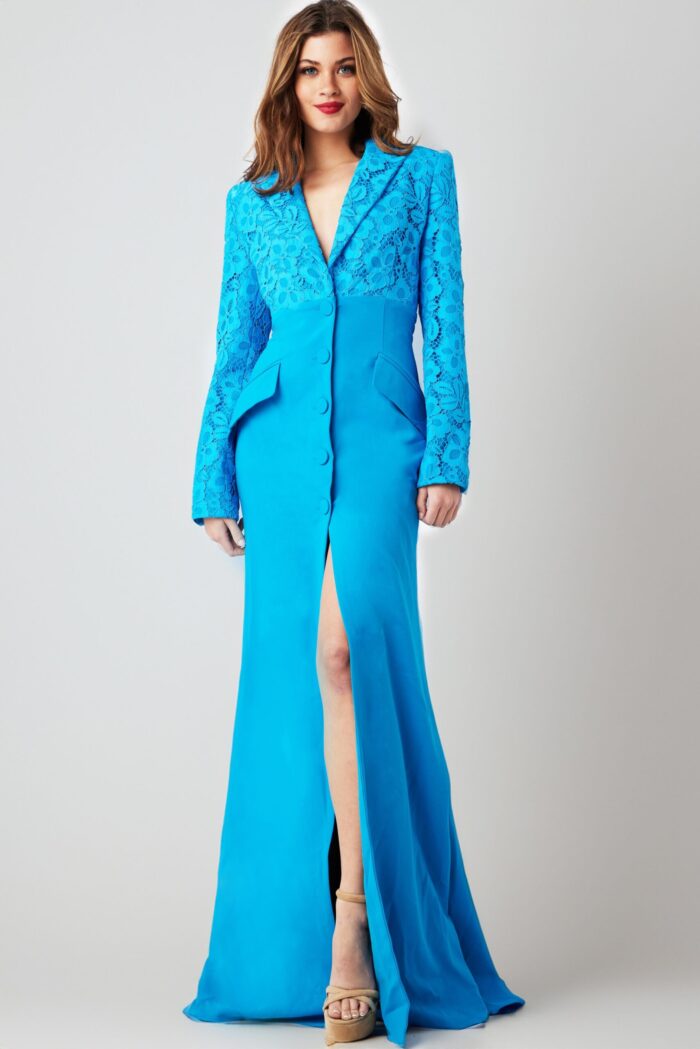 model wearing Jovani 07552 blue dress, front view full-length with high slit