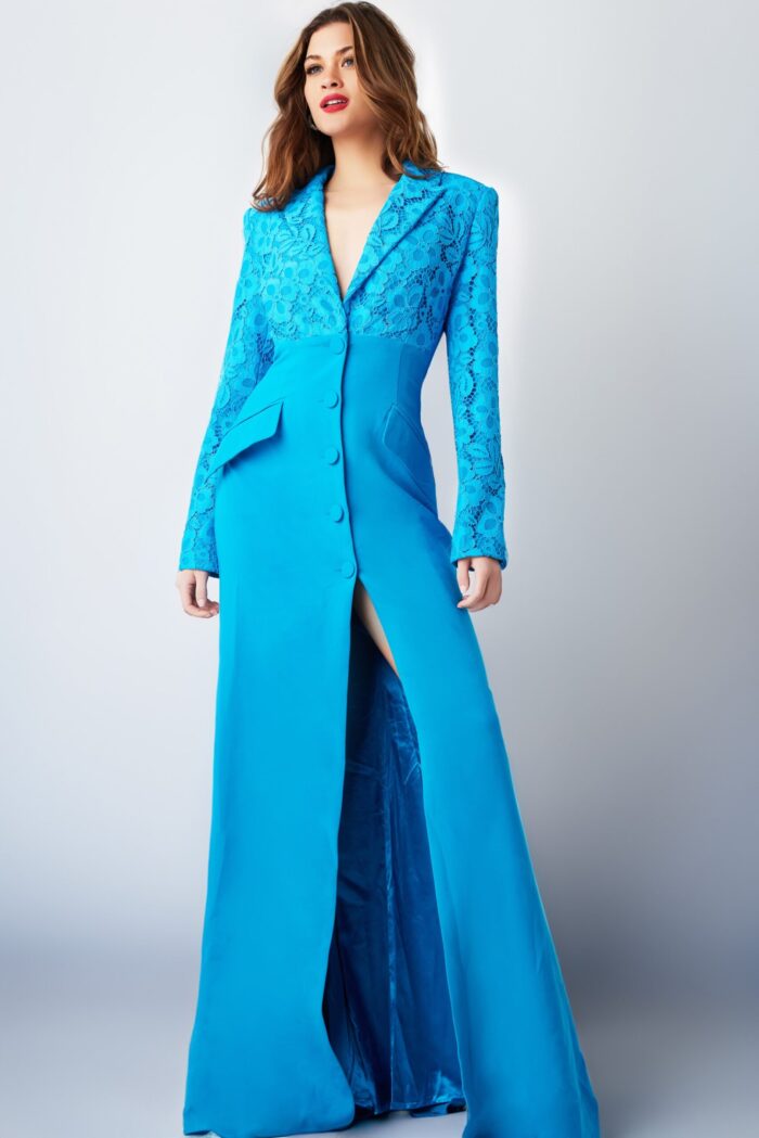 model wearing Jovani 07552 blue dress, front view showing deep V-neckline and lace sleeves