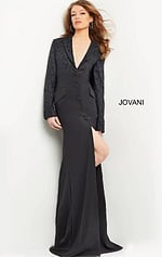 Model wearing Jovani 07552 black dress with lace sleeves and high slit.