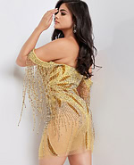 Back view of model wearing Jovani 07577 yellow dress with bead embellishments.