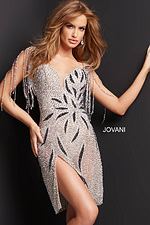 Model wearing Jovani 07577 nude dress with sweetheart neckline and high slit.