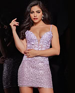 Model wearing Jovani 07668 pink sequin dress with floral appliqués and V-neckline