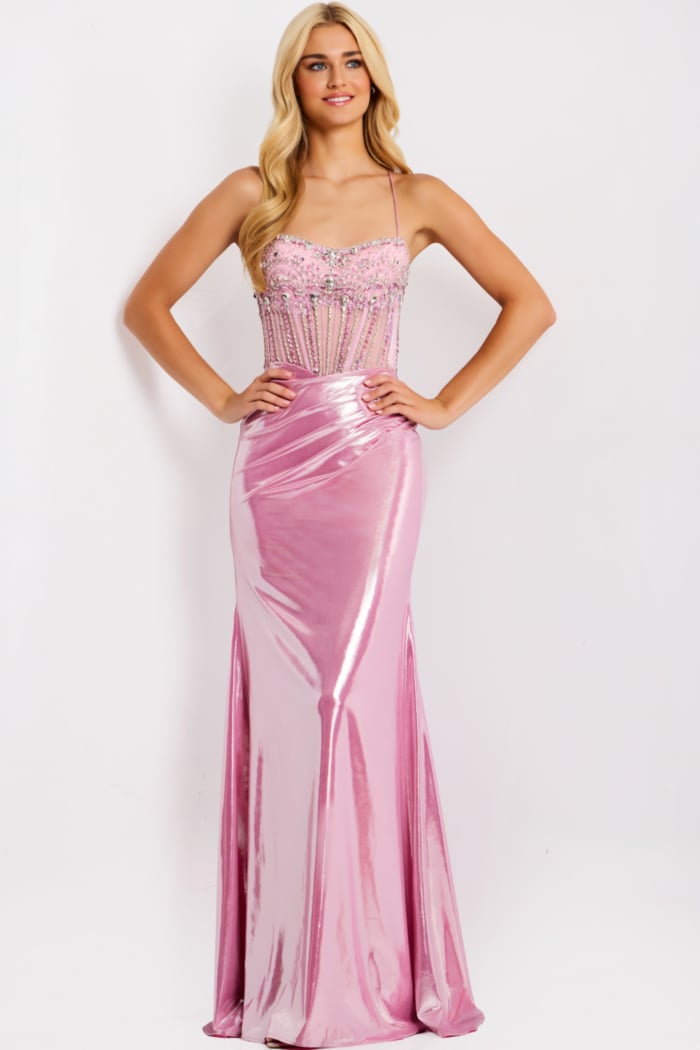 Shiny pink gown with embellished bodice 47325